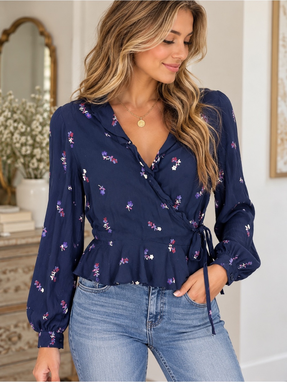 Rails Navy Floral Wrap Peplum Blouse